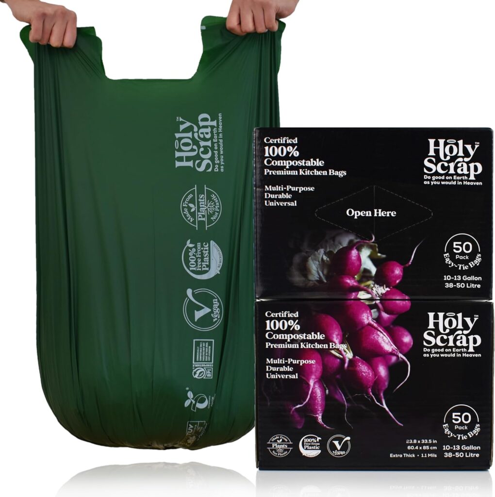 Compost bags made from plant starches that completely decompose, and are non-toxic and plastic-free, a simple swap for urban homesteading